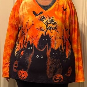 BloomChic Halloween Cats & Pumpkins V-Neck Long Sleeve Top – Plus